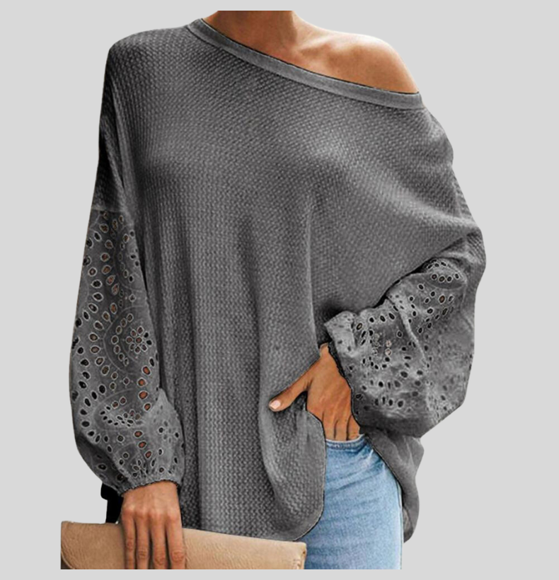 Dame Bluse - Off-Shoulder - Let Strik - Lange Ærmer med Blonde Detaljer