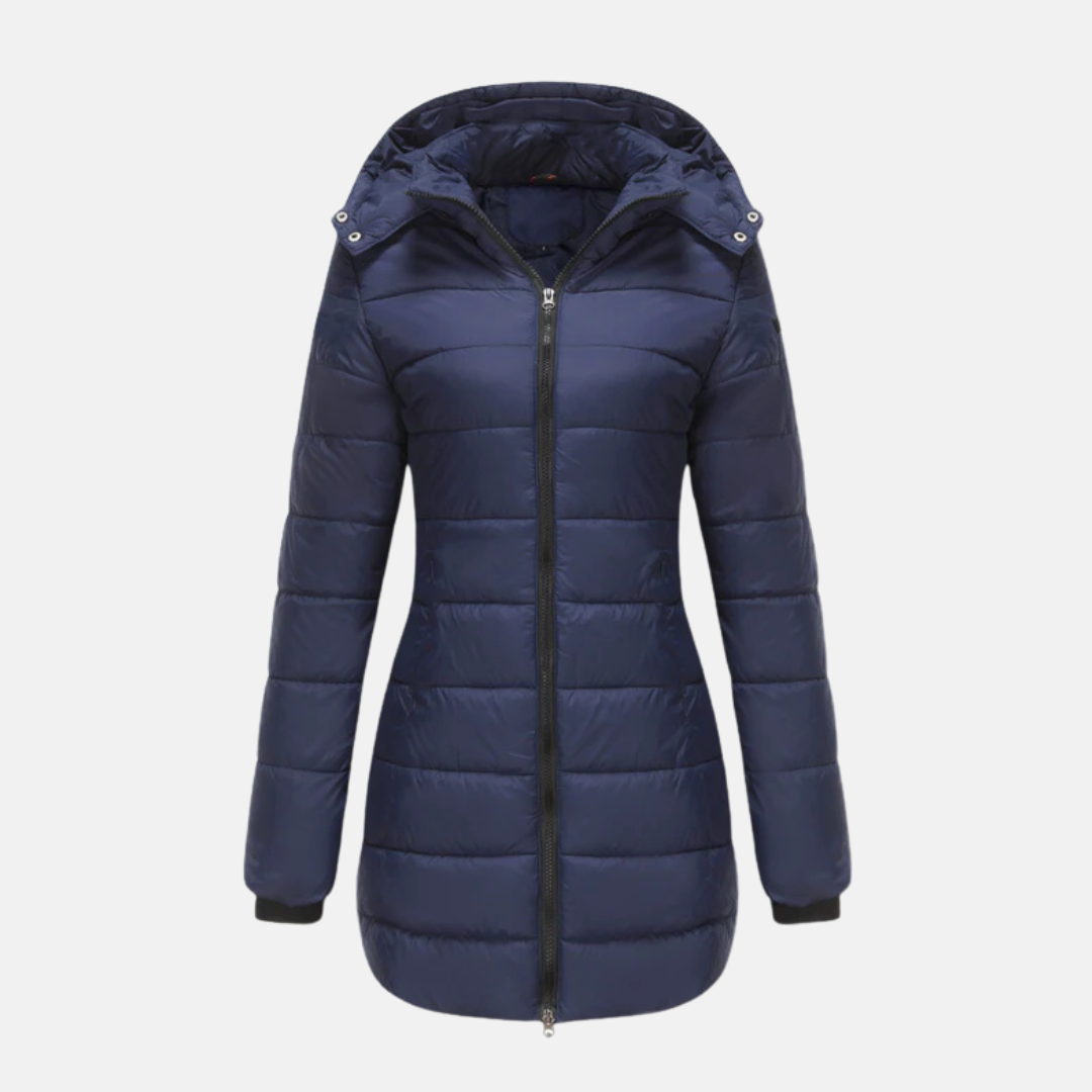Women’s Longline Padded Coat - Insulated Quilted Design - Two-Way Zipper - Hooded