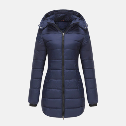 Women’s Longline Padded Coat - Insulated Quilted Design - Two-Way Zipper - Hooded