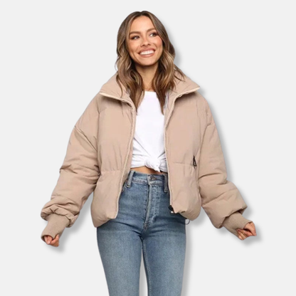 Women’s Puffer Jacket - Thermal Insulation - Cropped Length - Stand Collar - Ribbed Cuffs