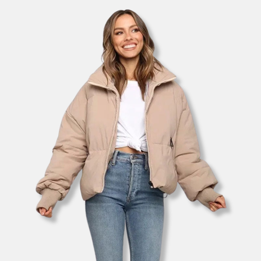 Women’s Puffer Jacket - Thermal Insulation - Cropped Length - Stand Collar - Ribbed Cuffs