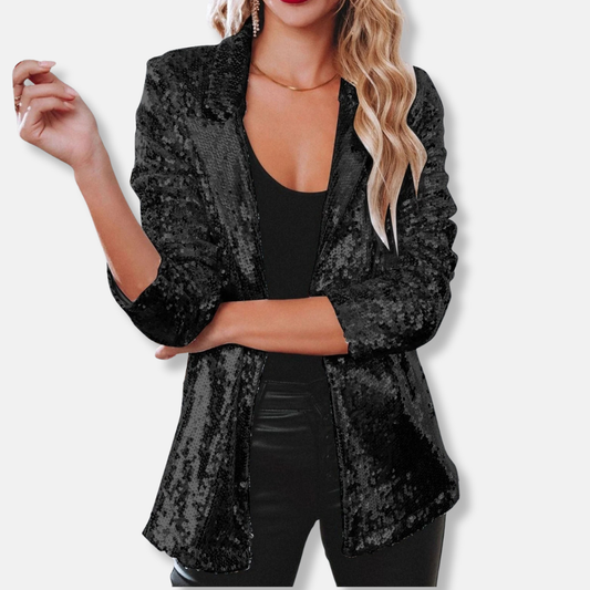 Olivia Sequin-Embellished Collared Blazer | Relaxed Fit Hip-Length Blazer
