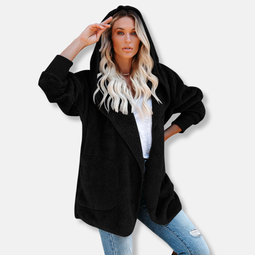 Women's Cardigan with Hood – Soft Sherpa Fleece – Oversized Fit – Open Design with Pockets