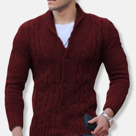 Men's Cardigan – Knit with Cable Pattern – Shawl Collar – Button Closure – Long Sleeved