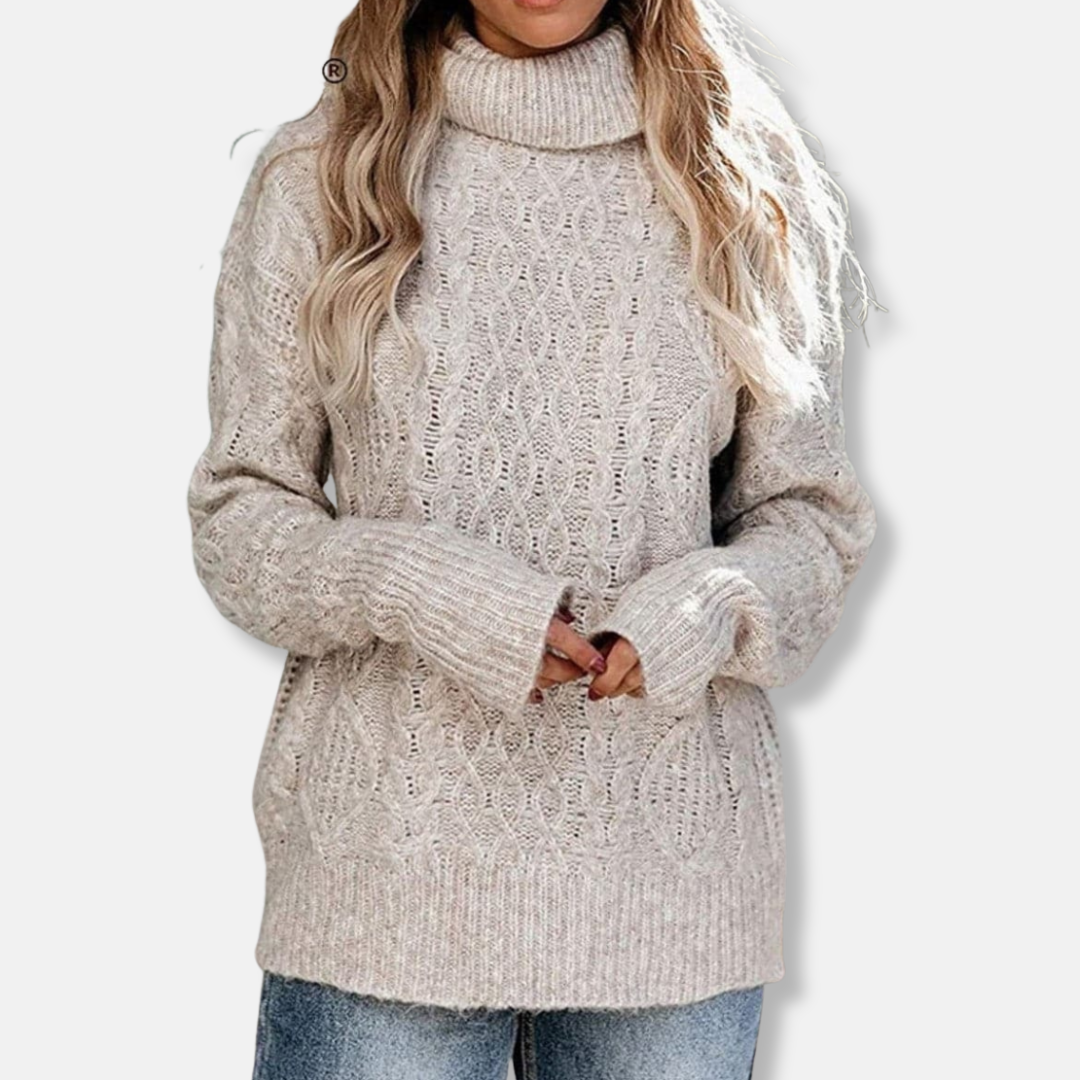 Rosie Turtleneck Sweater | Cable Knit Tunic Length Sweater