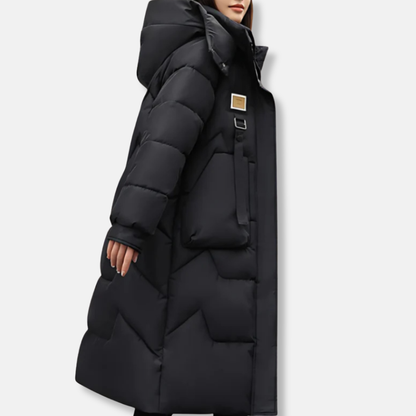 Women’s Coat - Oversized Fit - Maxi Length - Hooded High Collar
