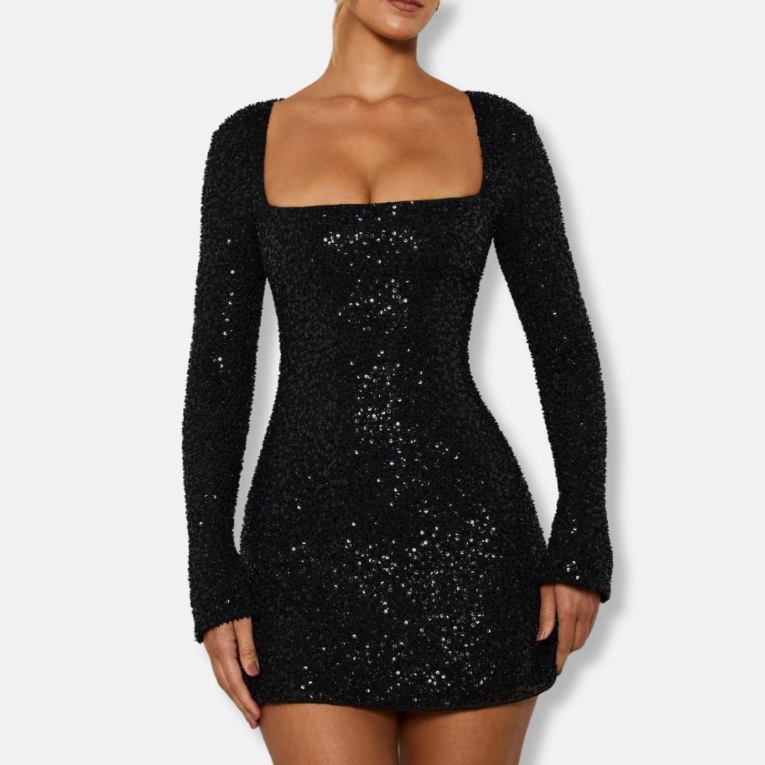 Harper Sequin Embellished Bodycon Mini Dress | Square Neck Long Sleeve Dress