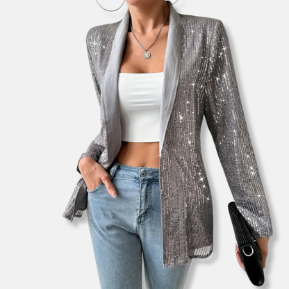 Isabella Sequined Notch Lapel Blazer | Open Front Hip-Length Blazer