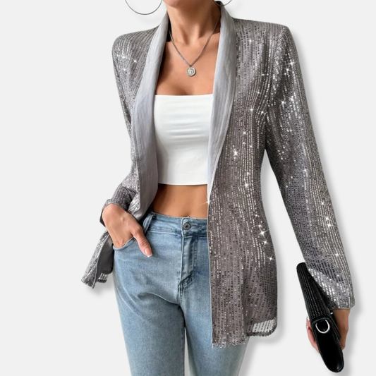 Isabella Sequined Notch Lapel Blazer | Open Front Hip-Length Blazer