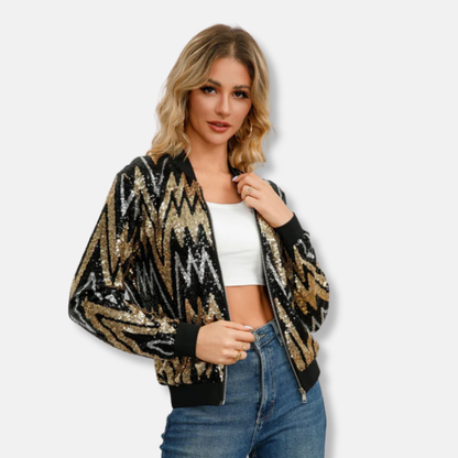 Isabella Sequined Cropped Bomber Jacket | Chevron Pattern Relaxed Fit Bomber Jacket