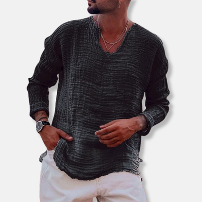 Men's Long-Sleeve Shirt - Relaxed Fit - Soft and Breathable - Raw Round Neck