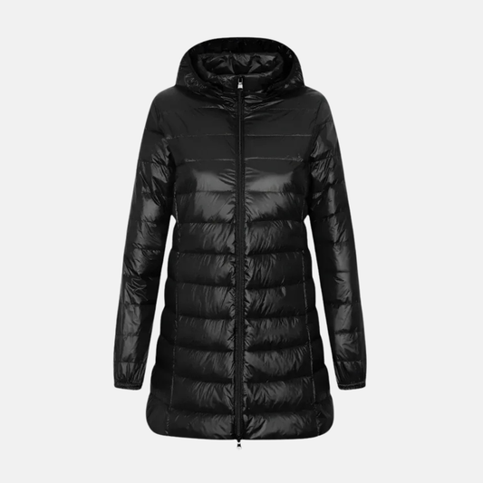 Women's Down Jacket – Tailored Fit – Mid-thigh Length – Padded – With Hood – Water-repellent