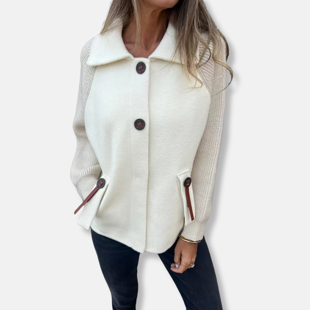 Women's Jacket – Relaxed Fit – Knitted Sleeves – Notched Collar – Button Closure