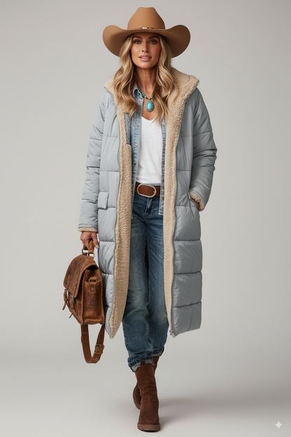Women's Long Quilted Jacket – Relaxed Fit – Fleece Collar – Fully Lined Warm Comfort