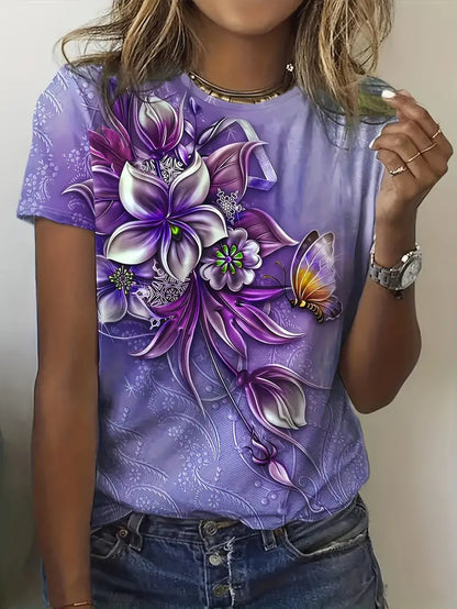 Dame T-shirt - Kort Ærme - Rund Hals - Blomster & Sommerfugl Design - Afslappet Pasform