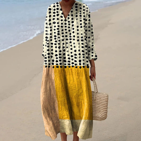 Dress for Women – Midi Length – Relaxed Fit – V-Neck – Natural Fibers – Long Sleeves – Geometric Print