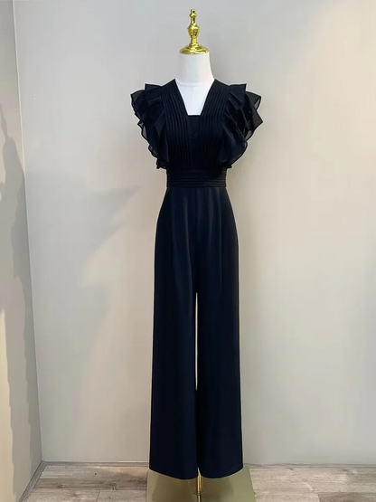 Women's Jumpsuit - V-Neck Pleated Top - Ruched Sleeves - Wide Leg Pants