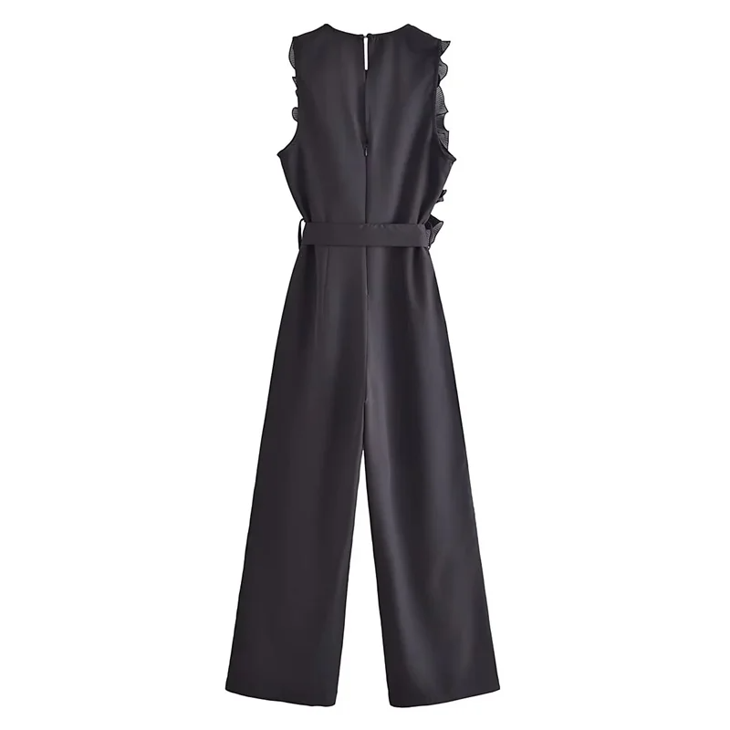 Women's Jumpsuit - Sleeveless Top with Voluminous Ruffles - High-Waisted Wide Pants