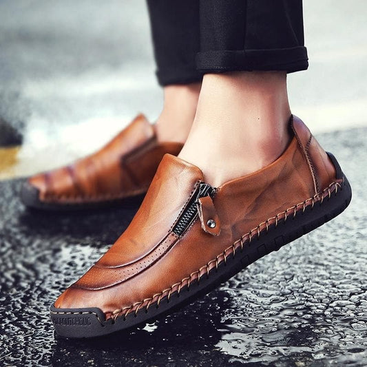 Herresko - Læder Moccasin - Slip-on med Lynlås - Fleksibel Gummisål - Håndsyet Look