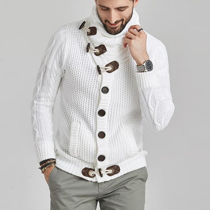 Herre Striktrøje - Høj Krave med Knapper - Kabelstrik - Slim Fit med Frontlommer