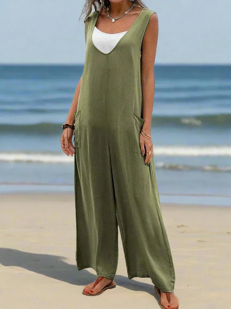 Women's Jumpsuit - Sleeveless - V-neck - Loose Fit - Wide Legs - Casual Comfort