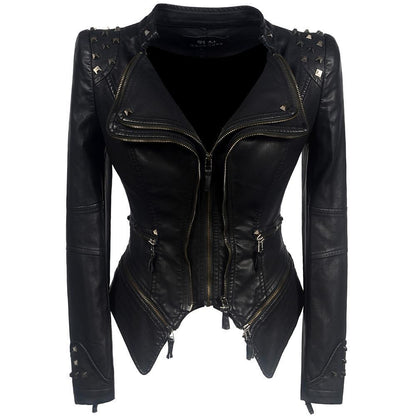 Women's Biker Jacket – Slim Fit – Leather Look – Asymmetric Zipper – Stud Details