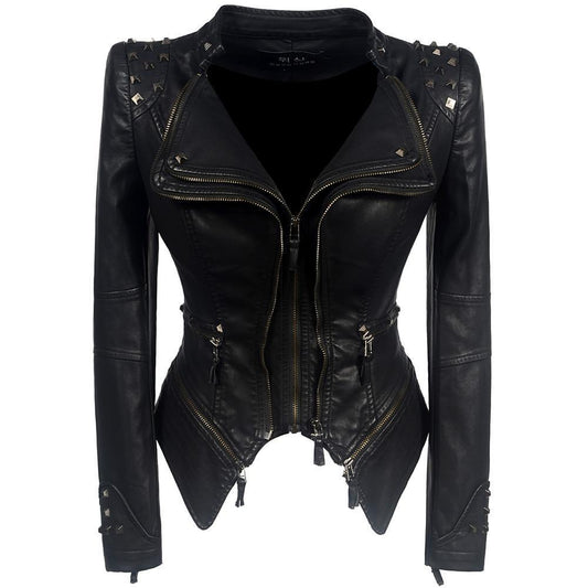 Women's Biker Jacket – Slim Fit – Leather Look – Asymmetric Zipper – Stud Details