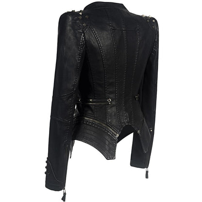Women's Biker Jacket – Slim Fit – Leather Look – Asymmetric Zipper – Stud Details