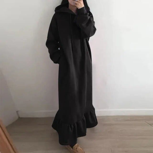 Women's Hoodie Dress - Long-Sleeved Oversized - With Ruffle Hem and Drawstring Hood