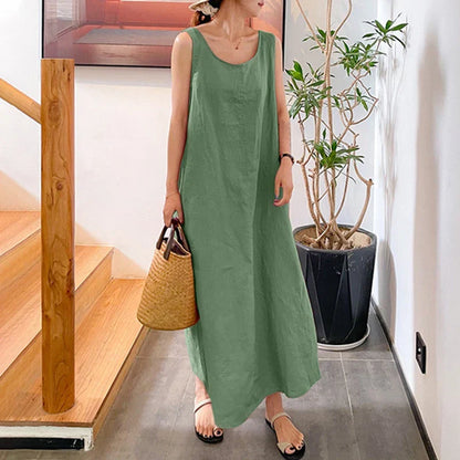 Women's Maxi Dress - Sleeveless Loose Fit - Light and Breathable - Round Neck Casual Look