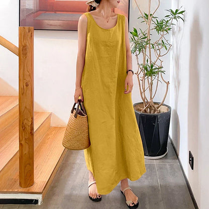 Women's Maxi Dress - Sleeveless Loose Fit - Light and Breathable - Round Neck Casual Look