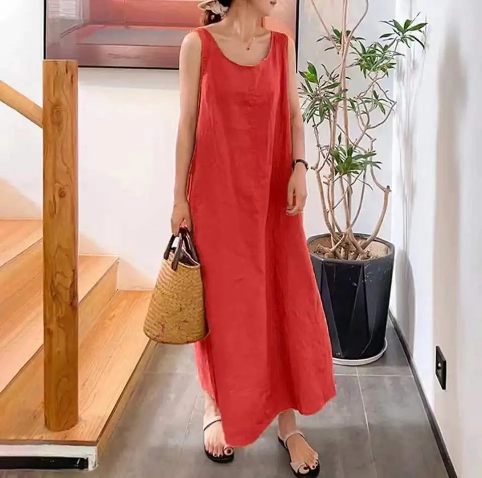 Women's Maxi Dress - Sleeveless Loose Fit - Light and Breathable - Round Neck Casual Look