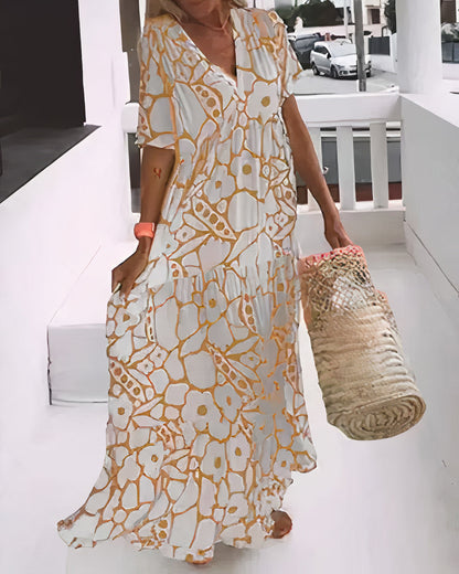 Women's Maxi Dress – Relaxed Fit – Short Sleeves – Light and Breathable Fabric – Deep V-Neck