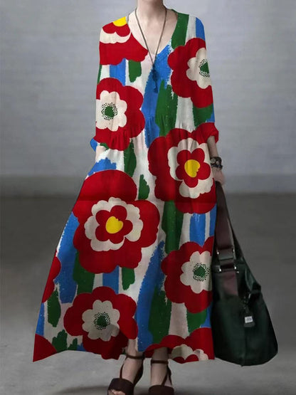 Dress for Women – Maxi – Relaxed Fit – V-Neck – Long Sleeves – Pockets