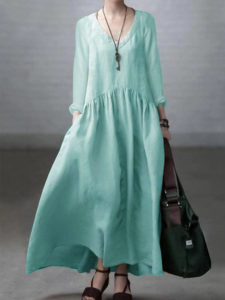 Dress for Women – Maxi – Relaxed Fit – V-Neck – Long Sleeves – Pockets