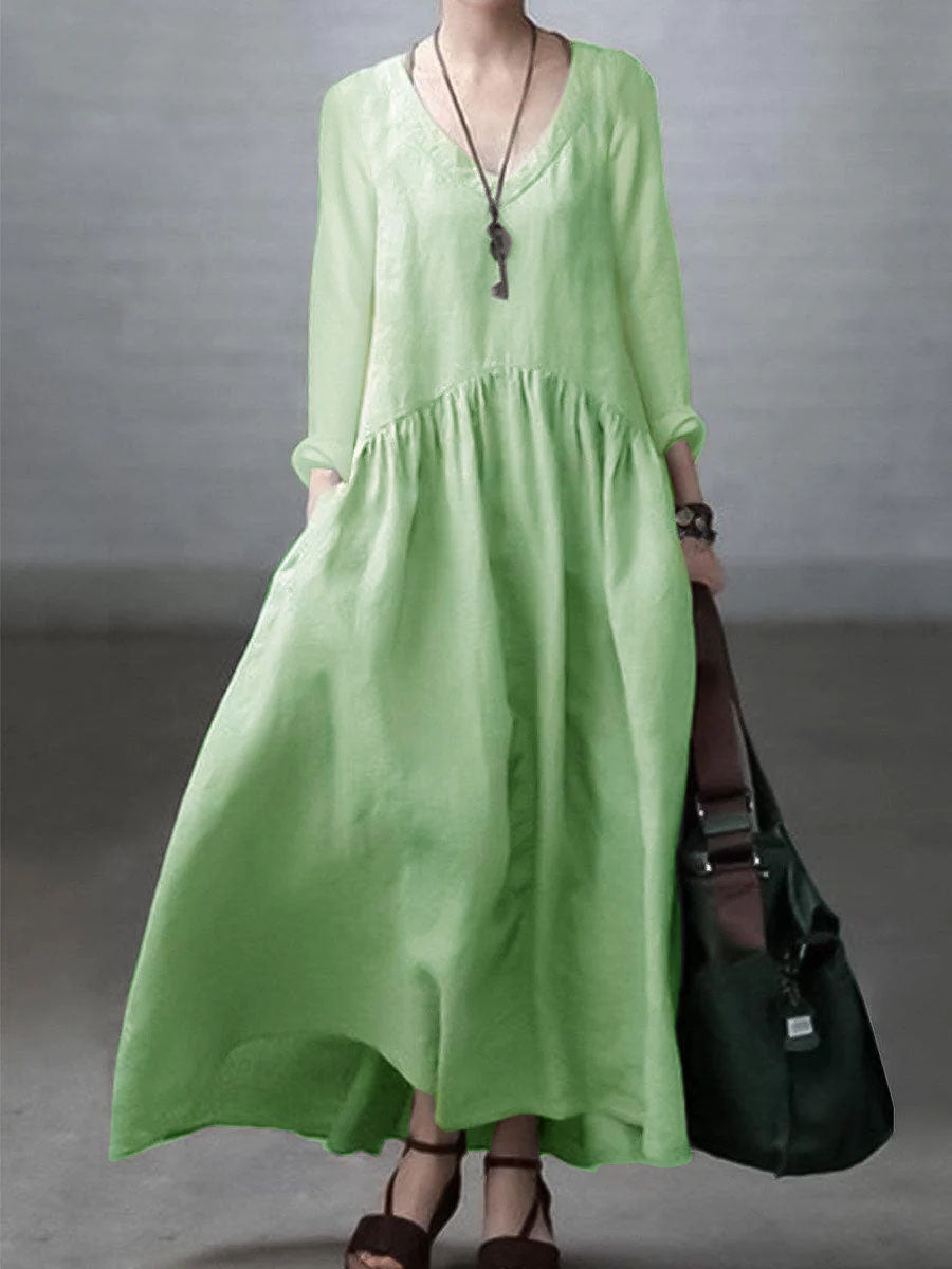 Dress for Women – Maxi – Relaxed Fit – V-Neck – Long Sleeves – Pockets
