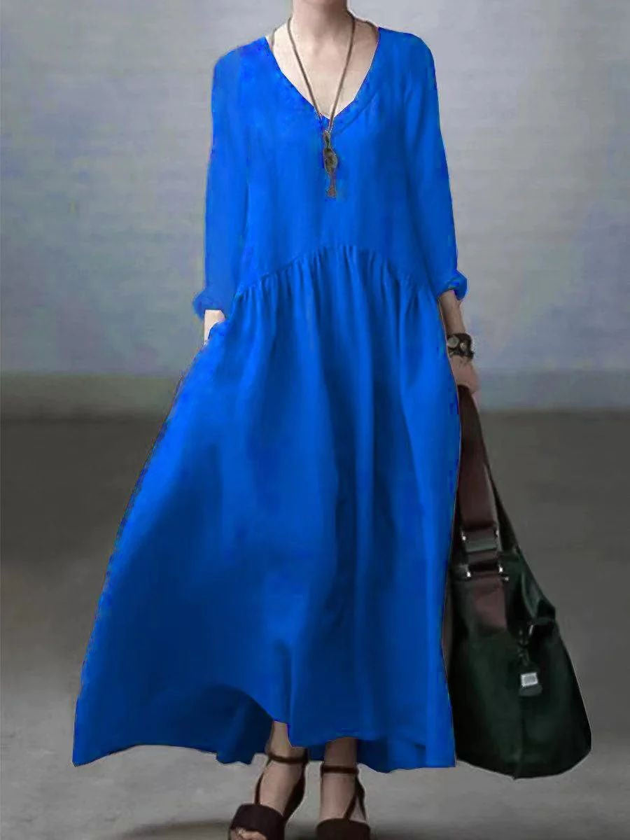 Dress for Women – Maxi – Relaxed Fit – V-Neck – Long Sleeves – Pockets