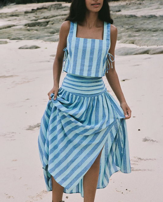 Women's Set - Sleeveless Crop Top with Side Closure & A-Line Midi Skirt with Slit