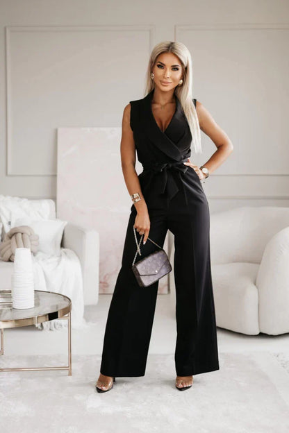 Women's Jumpsuit - Sleeveless V-neck - Wrap Design - Wide Legs - Elegant Fit