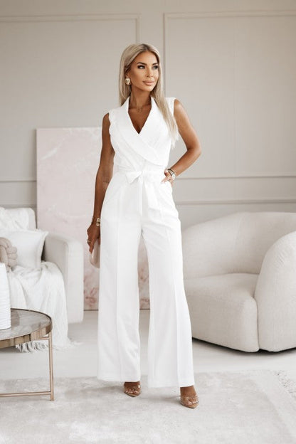 Women's Jumpsuit - Sleeveless V-neck - Wrap Design - Wide Legs - Elegant Fit