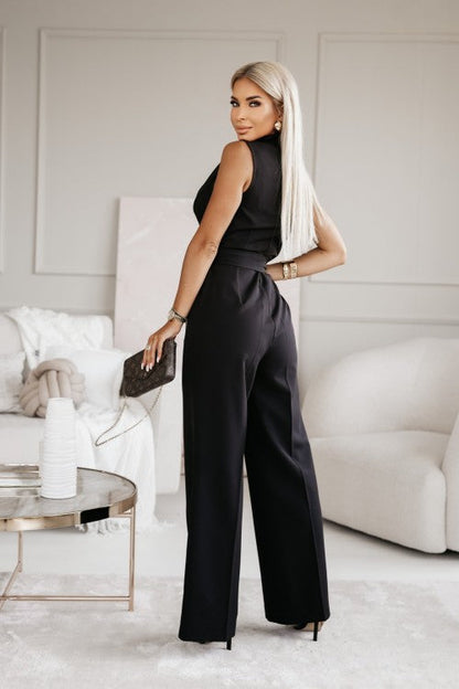 Women's Jumpsuit - Sleeveless V-neck - Wrap Design - Wide Legs - Elegant Fit