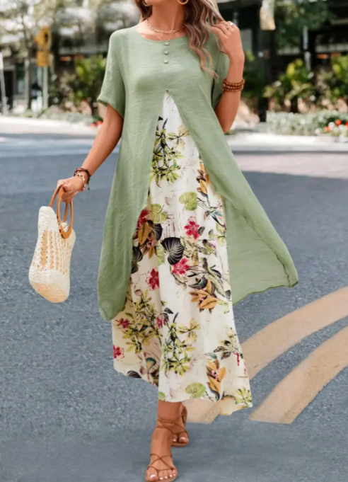 Women's Dress - Asymmetric Layer - Floral Maxi - Loose Fit - Short Sleeves