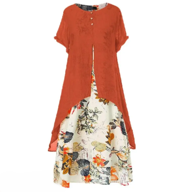 Women's Dress - Asymmetric Layer - Floral Maxi - Loose Fit - Short Sleeves