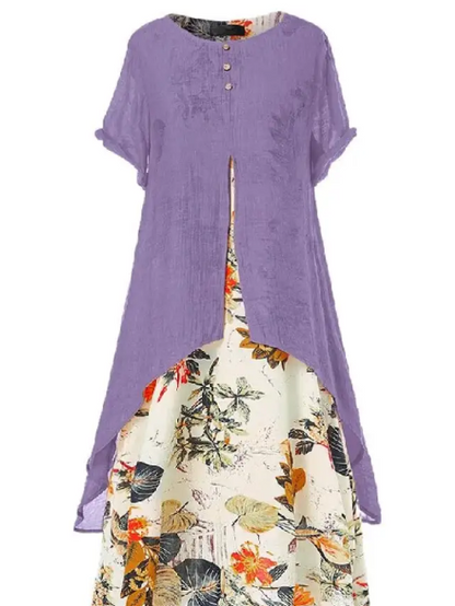 Women's Dress - Asymmetric Layer - Floral Maxi - Loose Fit - Short Sleeves