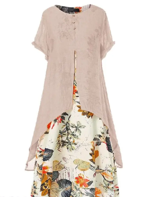 Women's Dress - Asymmetric Layer - Floral Maxi - Loose Fit - Short Sleeves