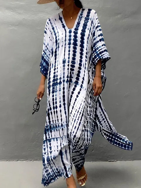 Dame Kaftankjole - Lang Løs Pasform - V-Hals - Boheme Tie-Dye - Let og Luftig
