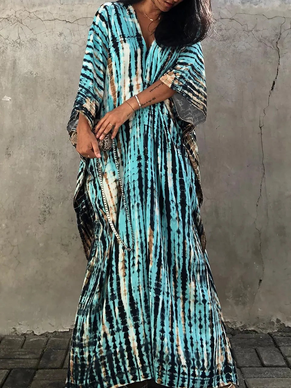 Dame Kaftankjole - Lang Løs Pasform - V-Hals - Boheme Tie-Dye - Let og Luftig