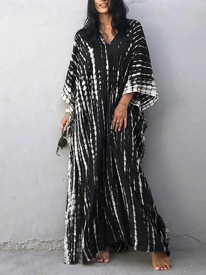 Dame Kaftankjole - Lang Løs Pasform - V-Hals - Boheme Tie-Dye - Let og Luftig