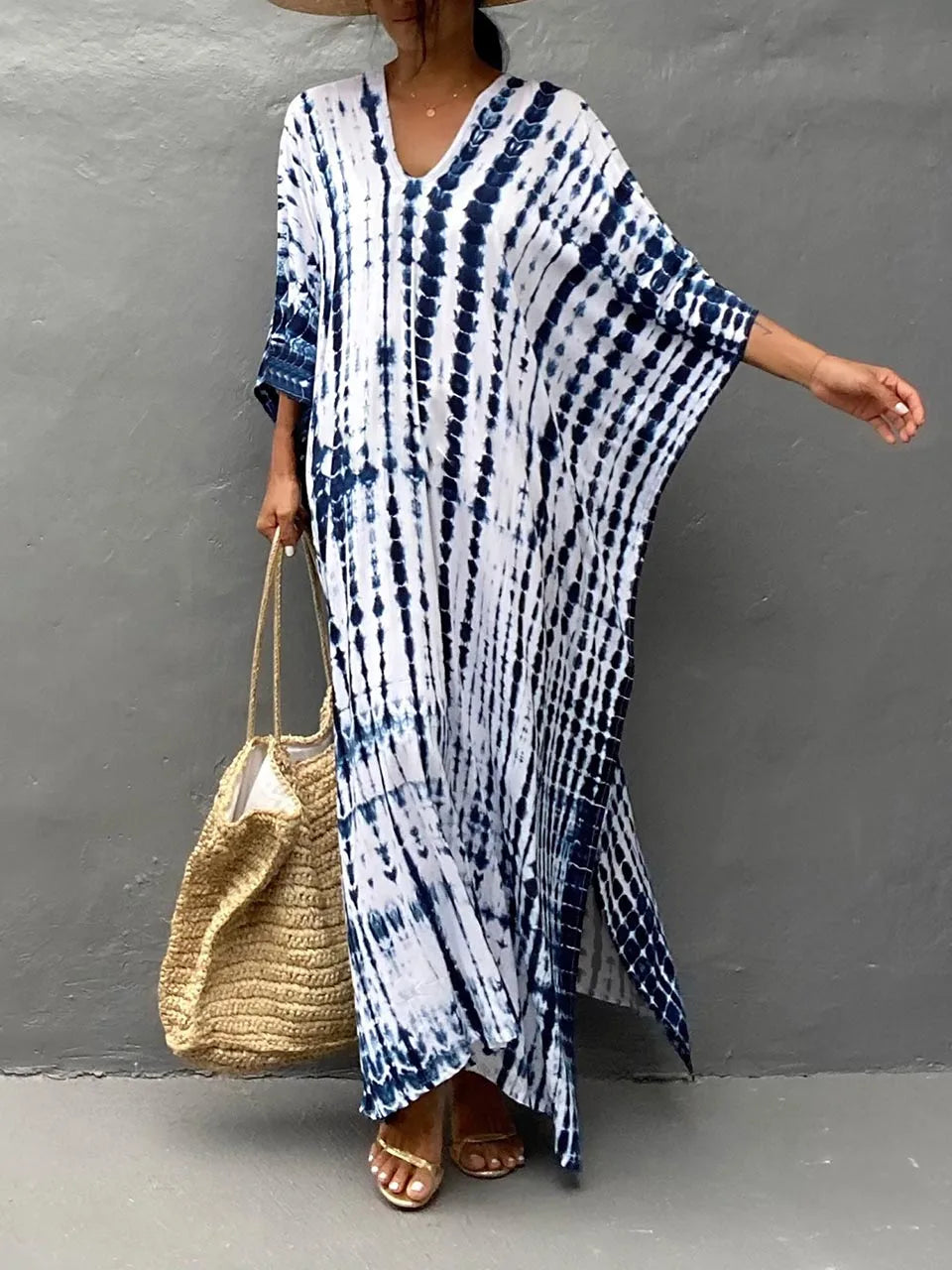 Dame Kaftankjole - Lang Løs Pasform - V-Hals - Boheme Tie-Dye - Let og Luftig