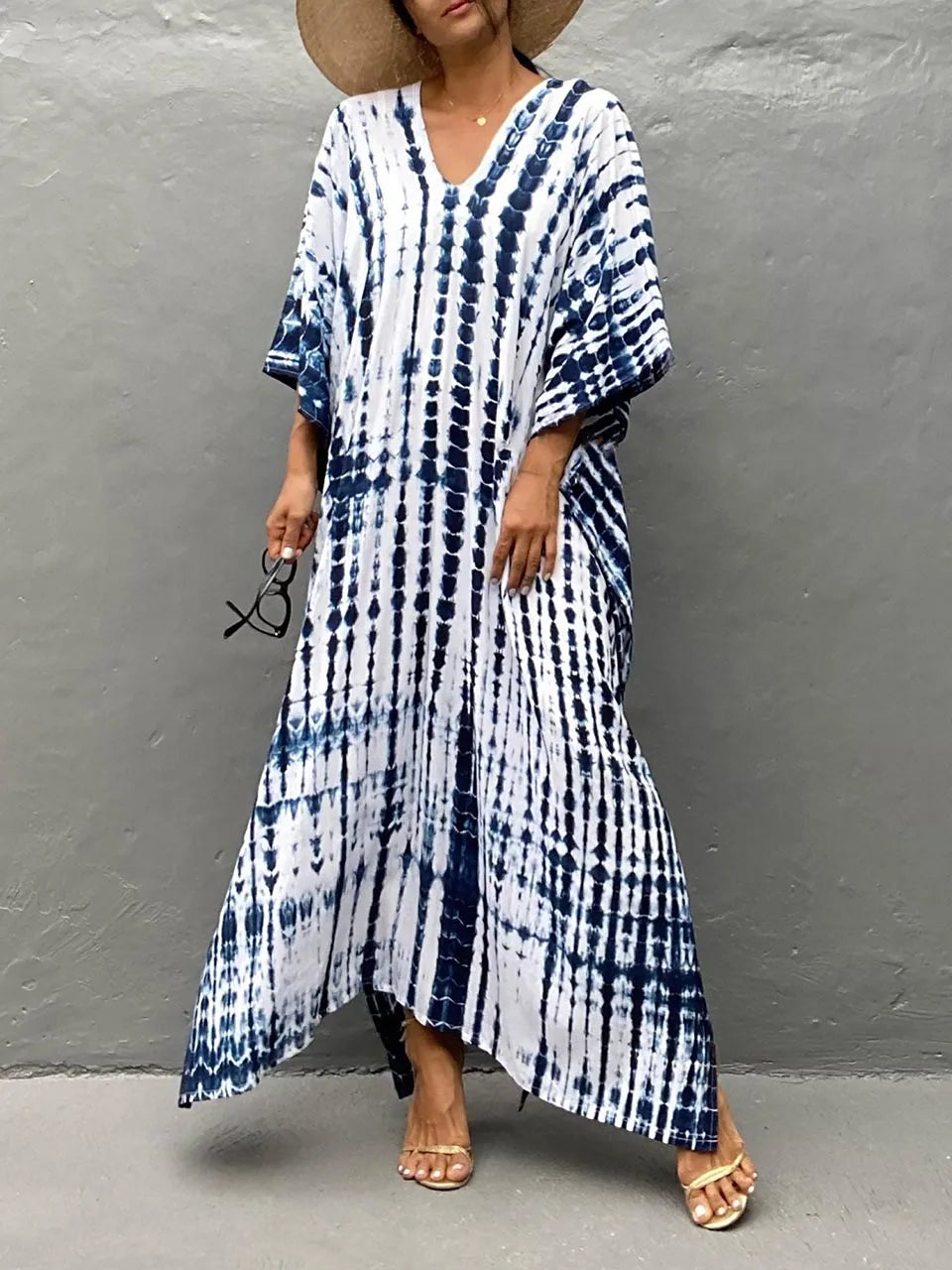 Dame Kaftankjole - Lang Løs Pasform - V-Hals - Boheme Tie-Dye - Let og Luftig